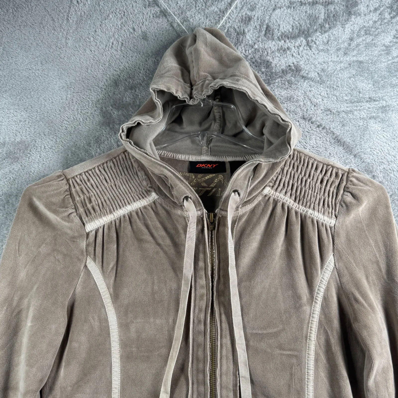 DKNY Active Womens Medium Black Velour Hoodie Taupe Full Zip Retro‎ Vintage Y2K - Image 5