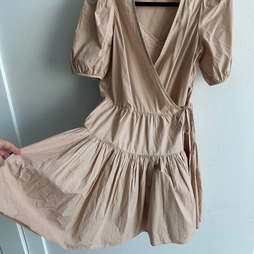 J. Crew Puff Sleeve Cotton Poplin Wrap Dress Beige Ruffle Preppy Romanti… - Image 4
