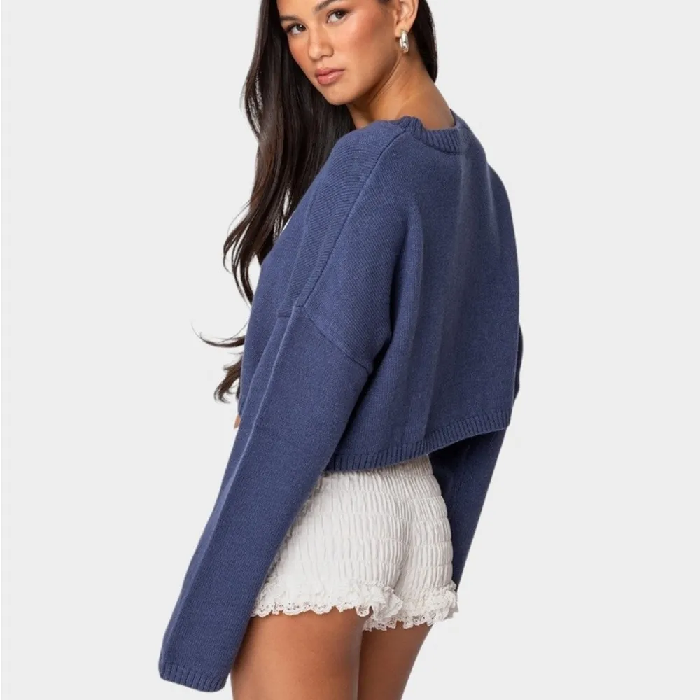 EDIKTED‎ Knit Bow Cropped Sweater Women's XS/S Navy Boho Dainty Coquette Girl - Image 3
