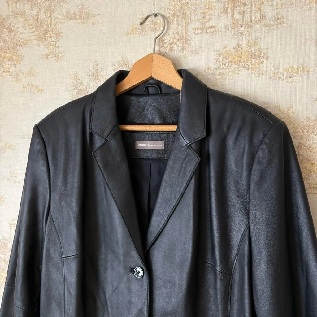 Vintage 90s black leather button front jacket lapel size XL - Image 3