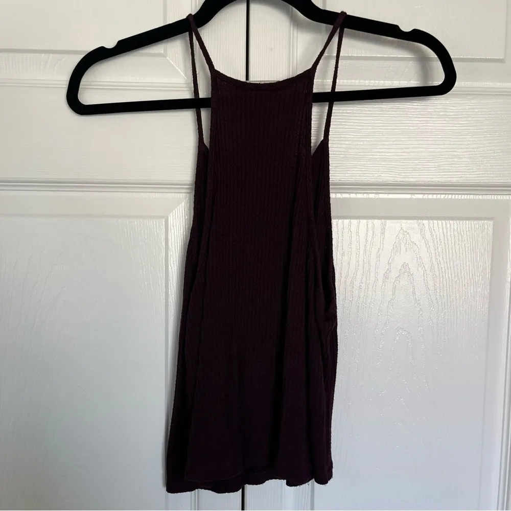 Maroon Ribbed Brandy Melville Spaghetti Strap Tank Top OS - Image 4