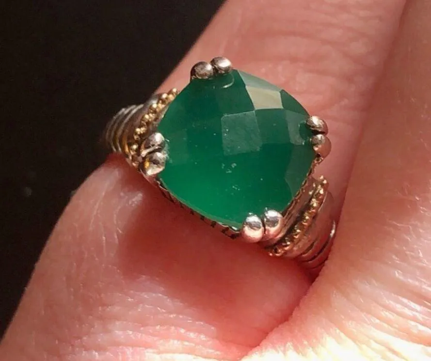 Vintage Sterling Silver & 14k Gold Rare Cushion Cut Jadeite Cocktail Ring Sz 7 - Image 12