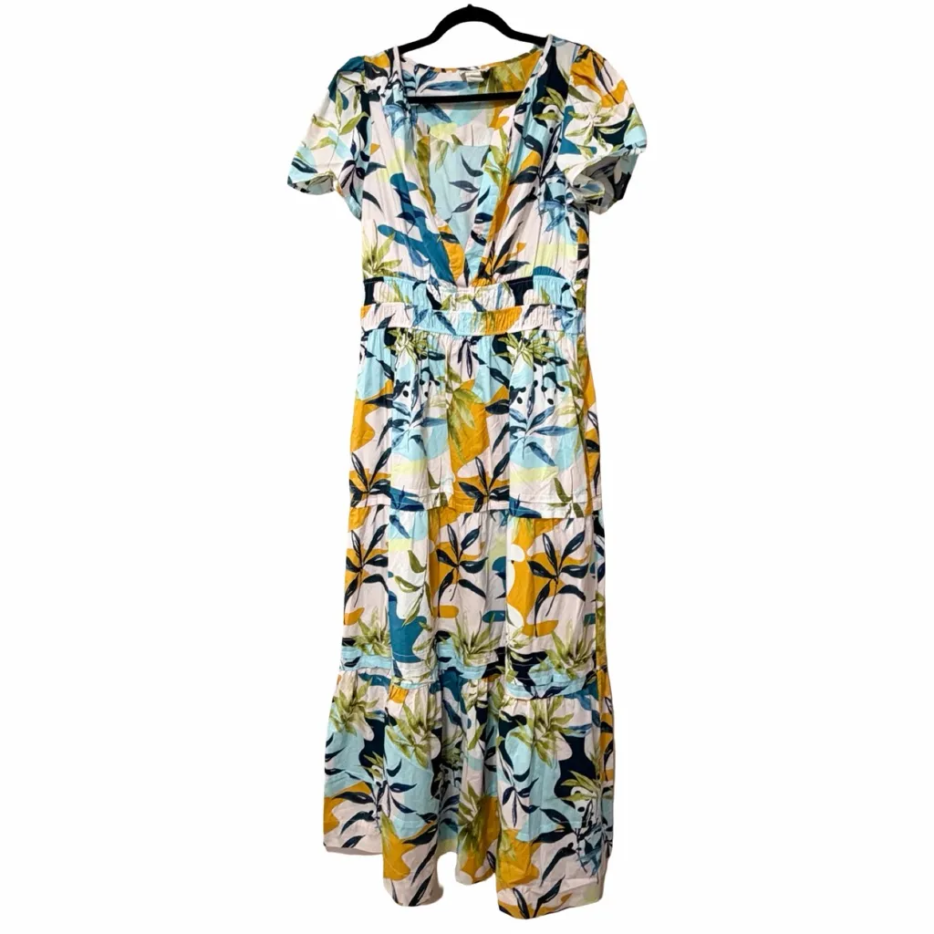 CINTHIA ROWLEY 100% Cotton Popover V-neck Tiered Long Dress Floral Rrint Sz L - Image 3