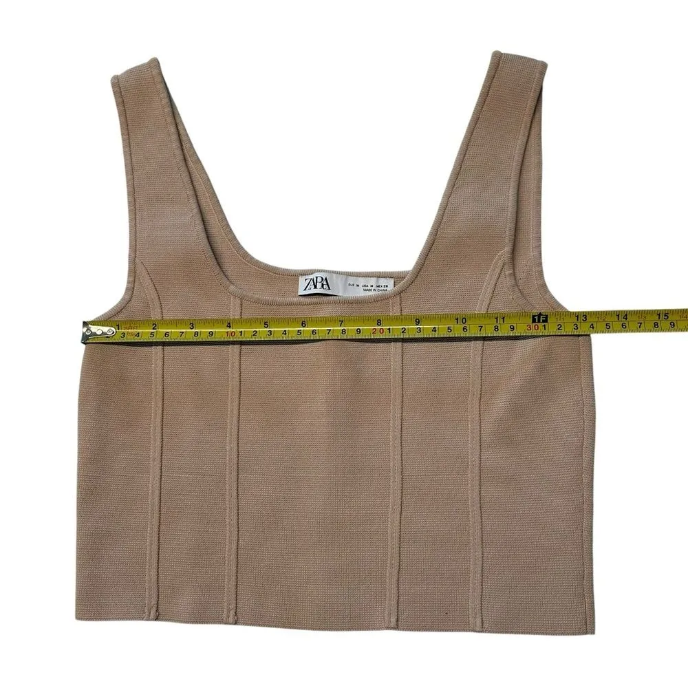 Zara Size M Corset Style Crop Top Tan Square Neck Closet Staple Basic Neutral‎ - Image 3