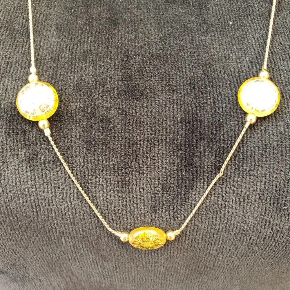 Womens Fashion Yellow Amber Beads Gold Tone Station Necklace Spring Ring Clasp - Image 3