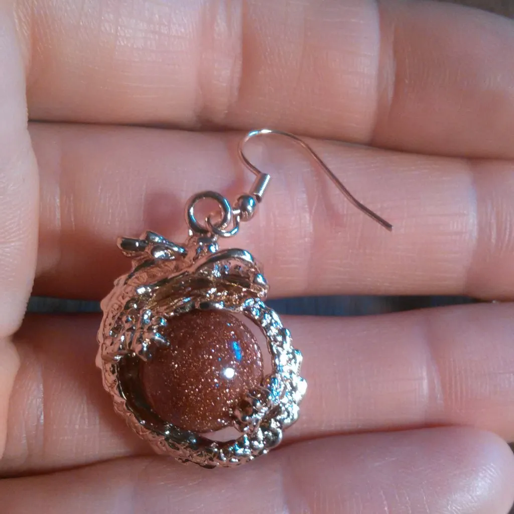 Gold Sandstone and Brown Austrian Crystal Dragon Dangle Earrings - Image 5