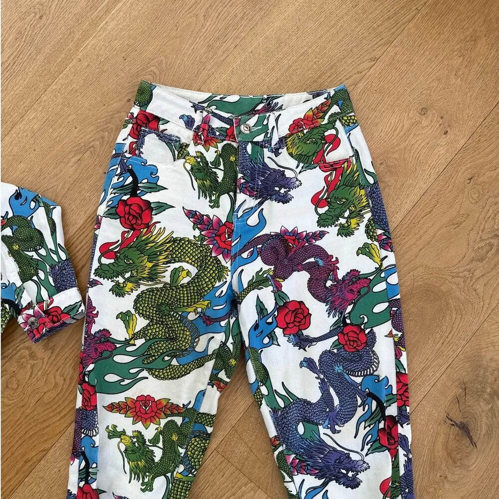 Jaded London - Dragon Print Mom Jeans & Crop Jacket in White Red & Green - Image 3