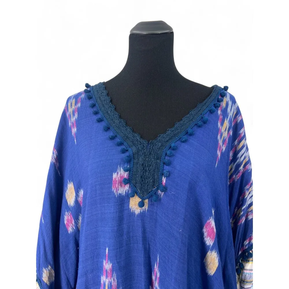BALI Queen One Size Top Blouse Poncho Pullover Boho Ikat Ruffles Coverup Swim Blue - Image 2