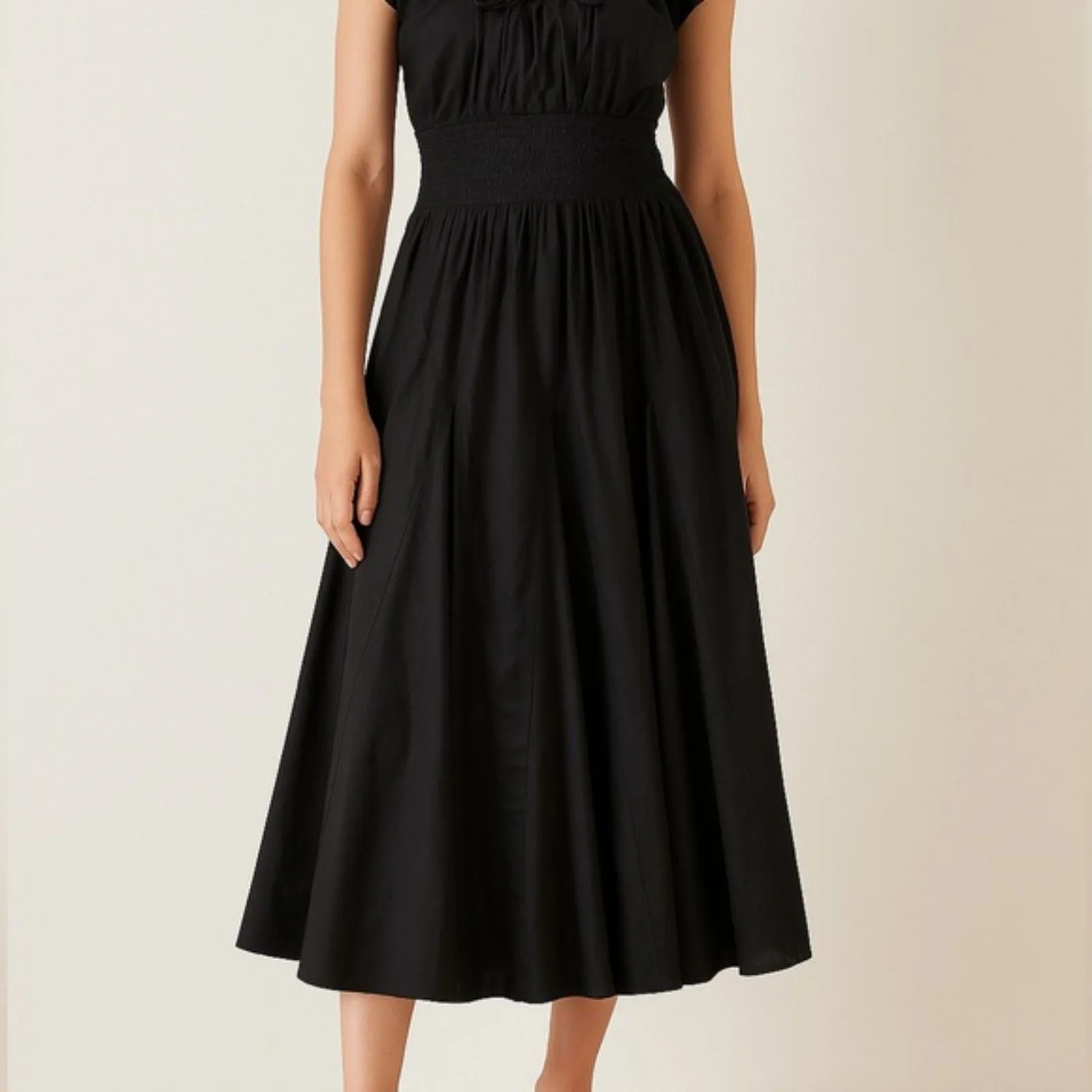 Laurie Felt Black Cap Sleeve Retro Midi Cotton Peasant Dress Women’s Size XXS - Image 8