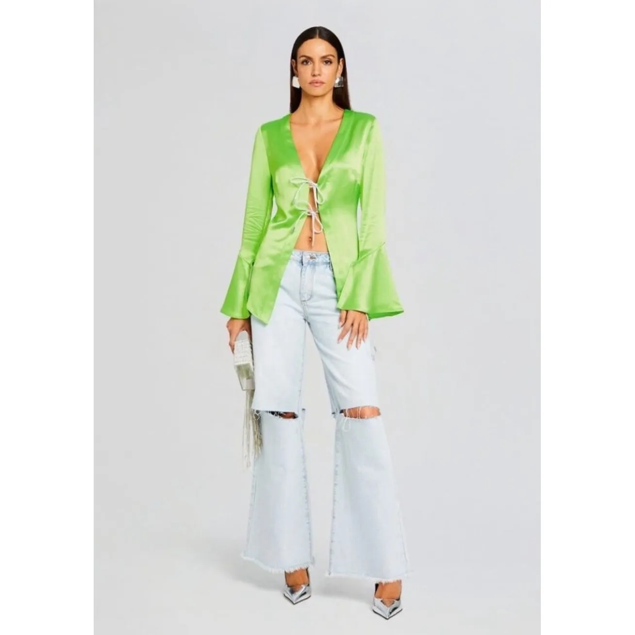 Retrofête Svea Fresh Lime Tie Front Bell Sleeve Blouse NWT XS Green - Image 4