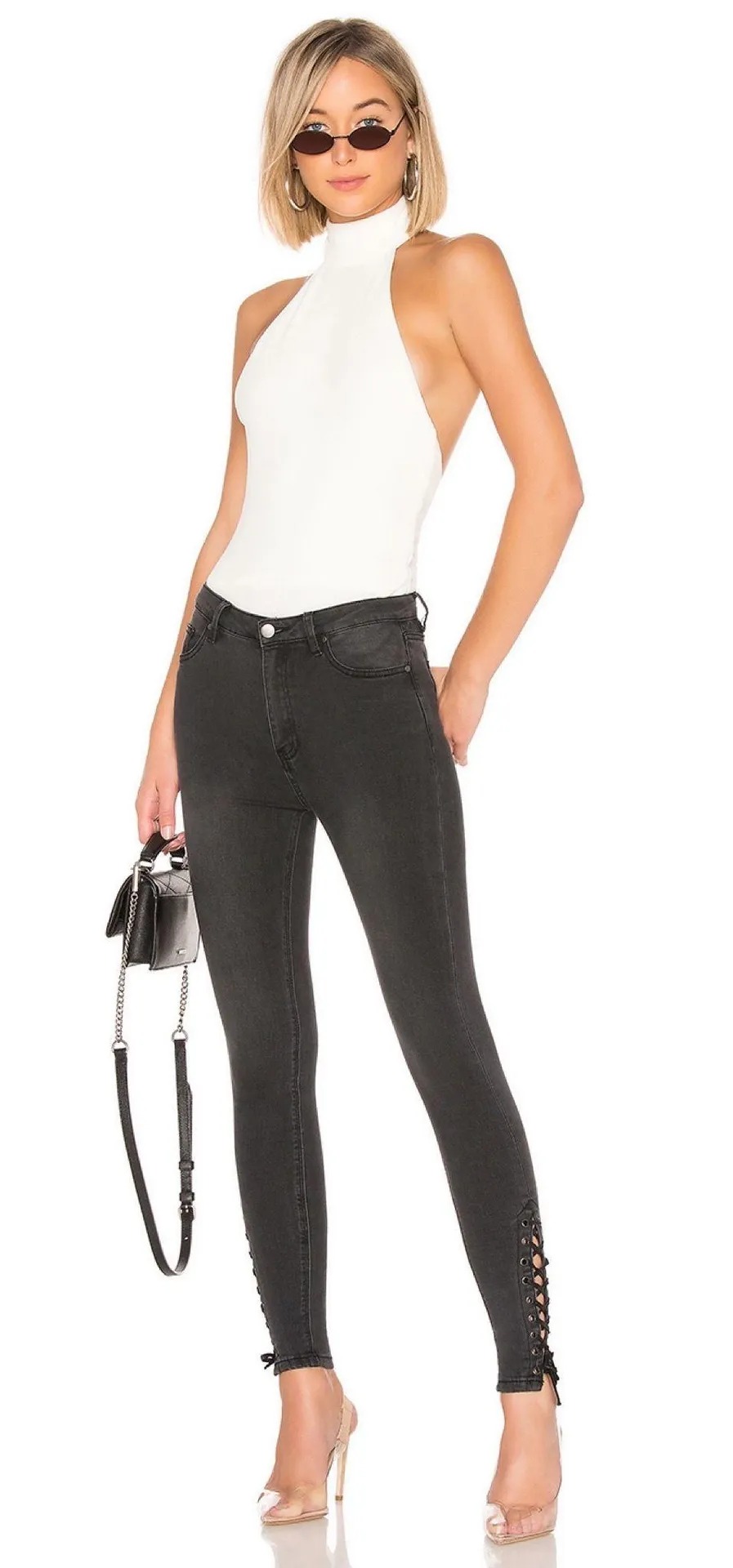 Lace Up Detail High Waisted Stretch Skinny Jeans - Image 2