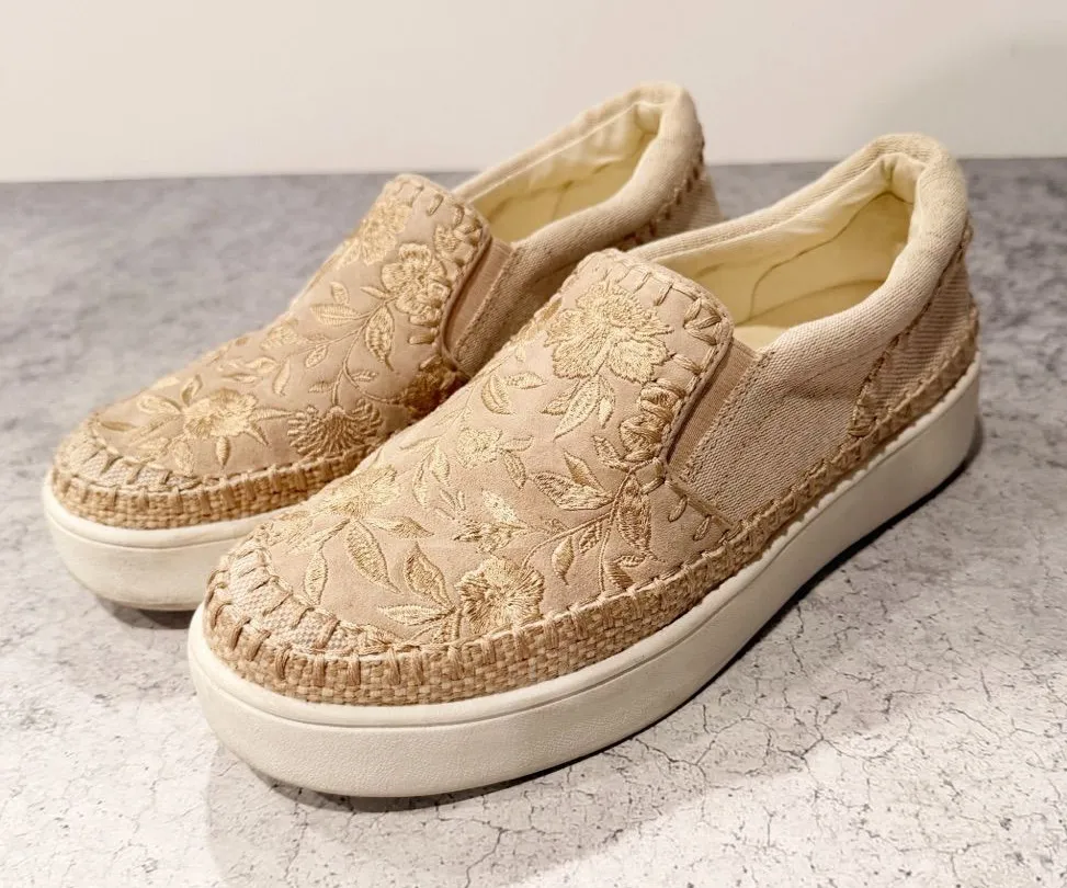 Johnny Was CECILIA SLIP ON SNEAKER Tan Embroidered Size 8.5 - Image 1