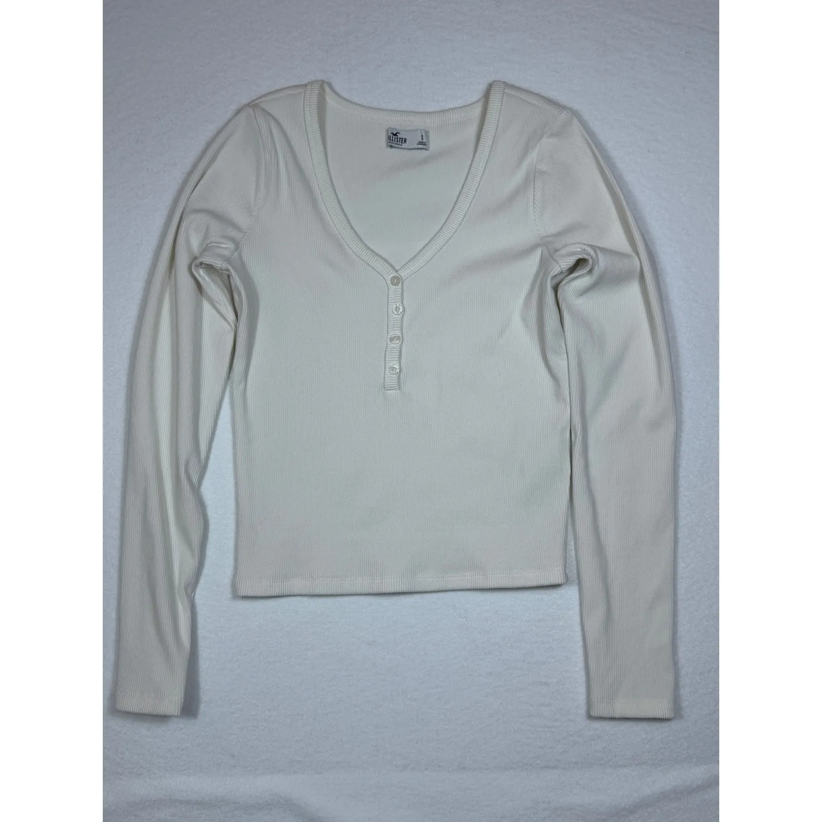 Hollister Ribbed Henley Long Sleeve Top Cream White Size Small buttons - Image 2