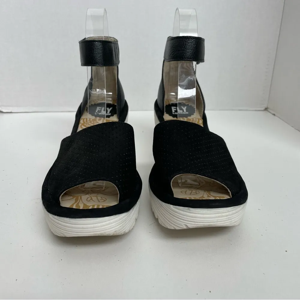 Fly London Sandals Yake Wedge Leather Perforated Ankle Comfort Travel Black - Image 2