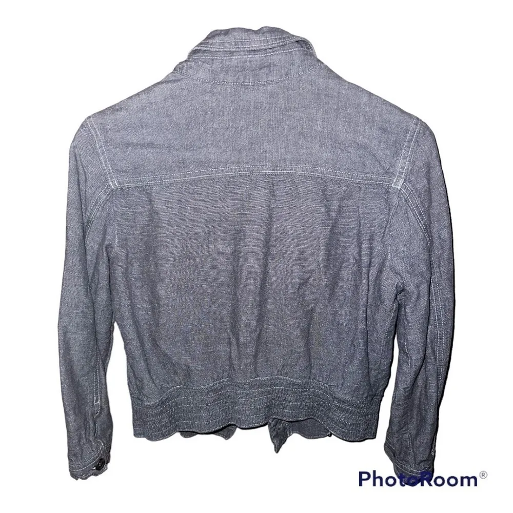 Aerie Denim Blue Floral Lined Cotton Linen Button Jacket - Image 6