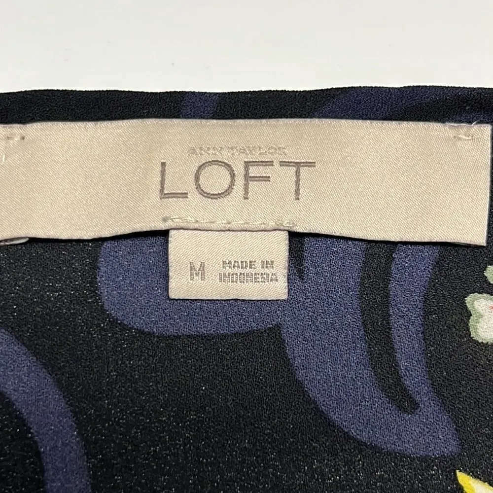 LOFT Black and Navy CrewNeck Floral Long Sleeve Blouse with Side Slits- Medium - Image 11