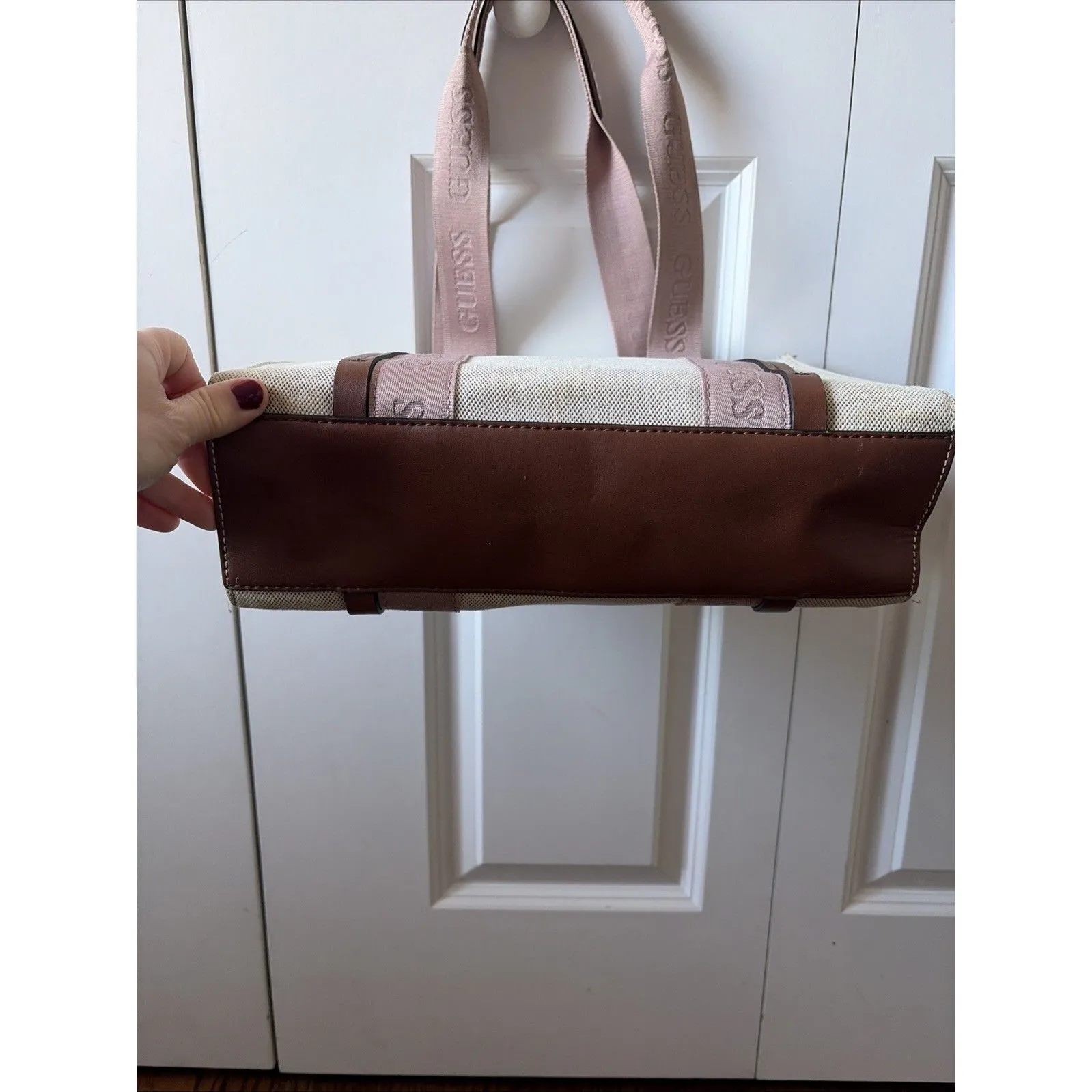 GUESS Talman Carryall Powder Beige Pink Tote Travel Shoulder Canvas Bag - Image 4