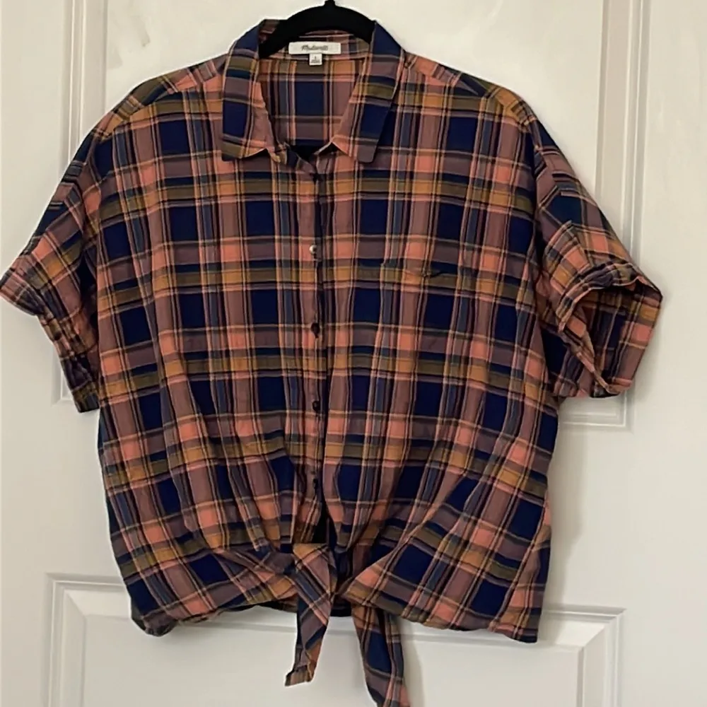 Madewell Plaid Blue Night Tie Hem Button Down Shirt Large - Image 2