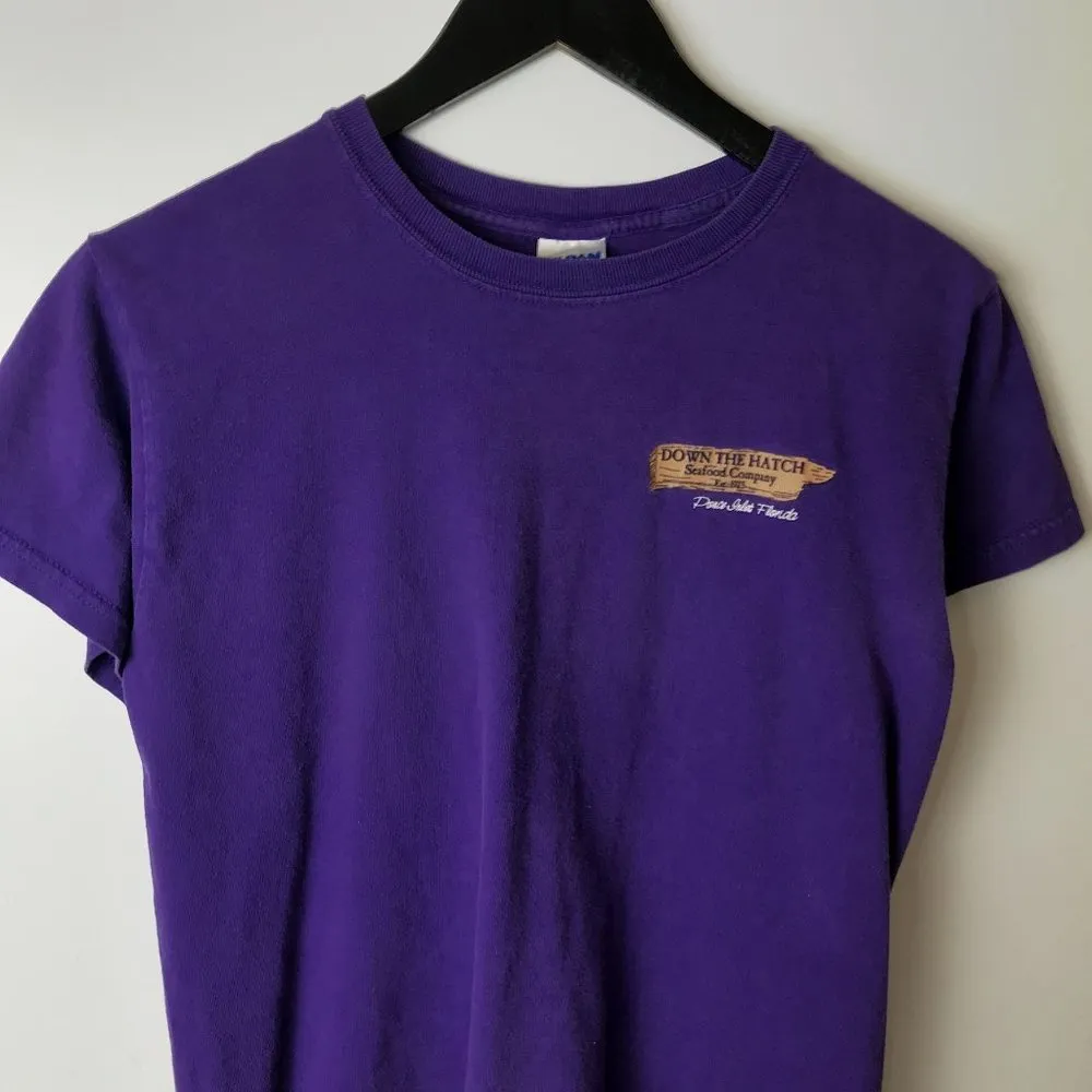 Y2K Vintage Down The Hatch Seafood Restaurant T Shirt Ponce Inlet Purple Small S - Image 6