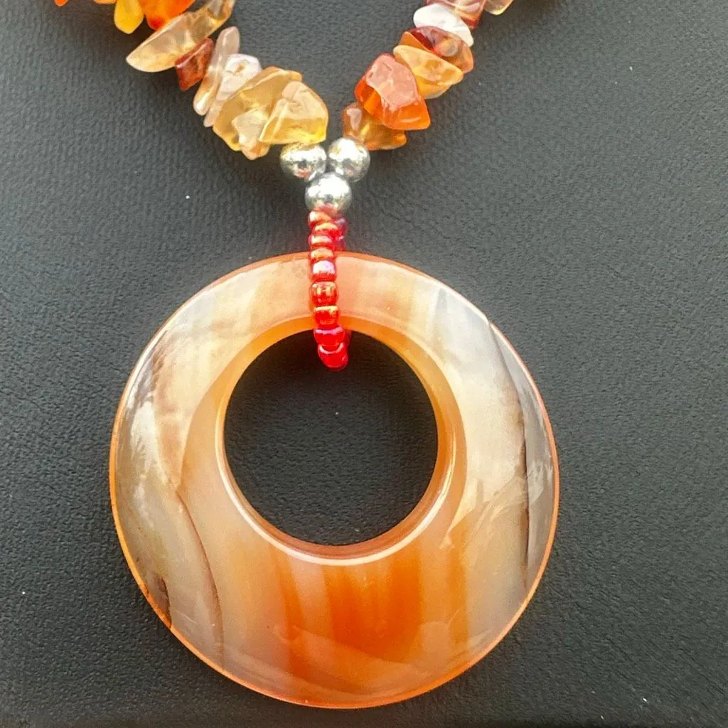 Carnelian & Agate Gemstone Chip Necklace with Banded Agate Donut Pendant Orange - Image 6