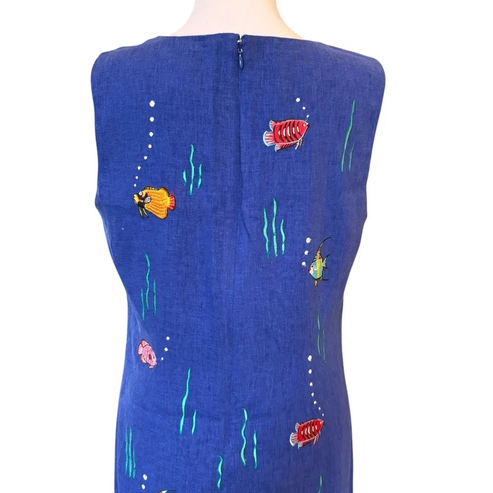 Ultra Dress Linen Sleeveless Mini Dress With Embroidered Fish Womens 12 Blue - Image 5