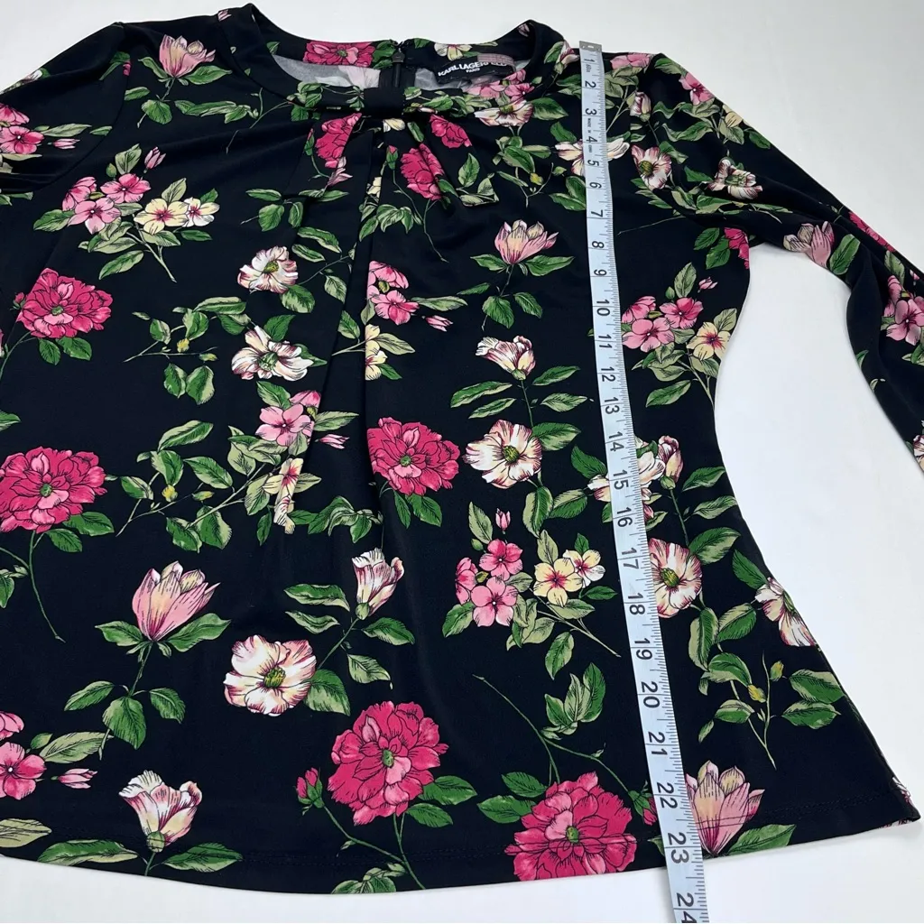 Karl Lagerfeld Paris Womens Size Small Black Floral Print‎ Bow Neck Top Blouse - Image 10