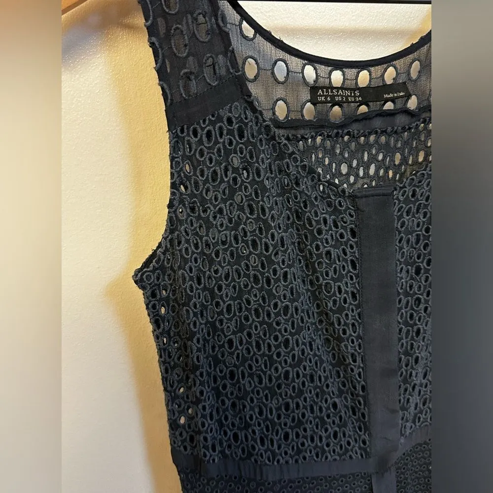 AllSaints Glesni Vest Mesh Eyelet Sheer Mini Dress Fit & Flare Navy Blue‎ Sz 2 - Image 5