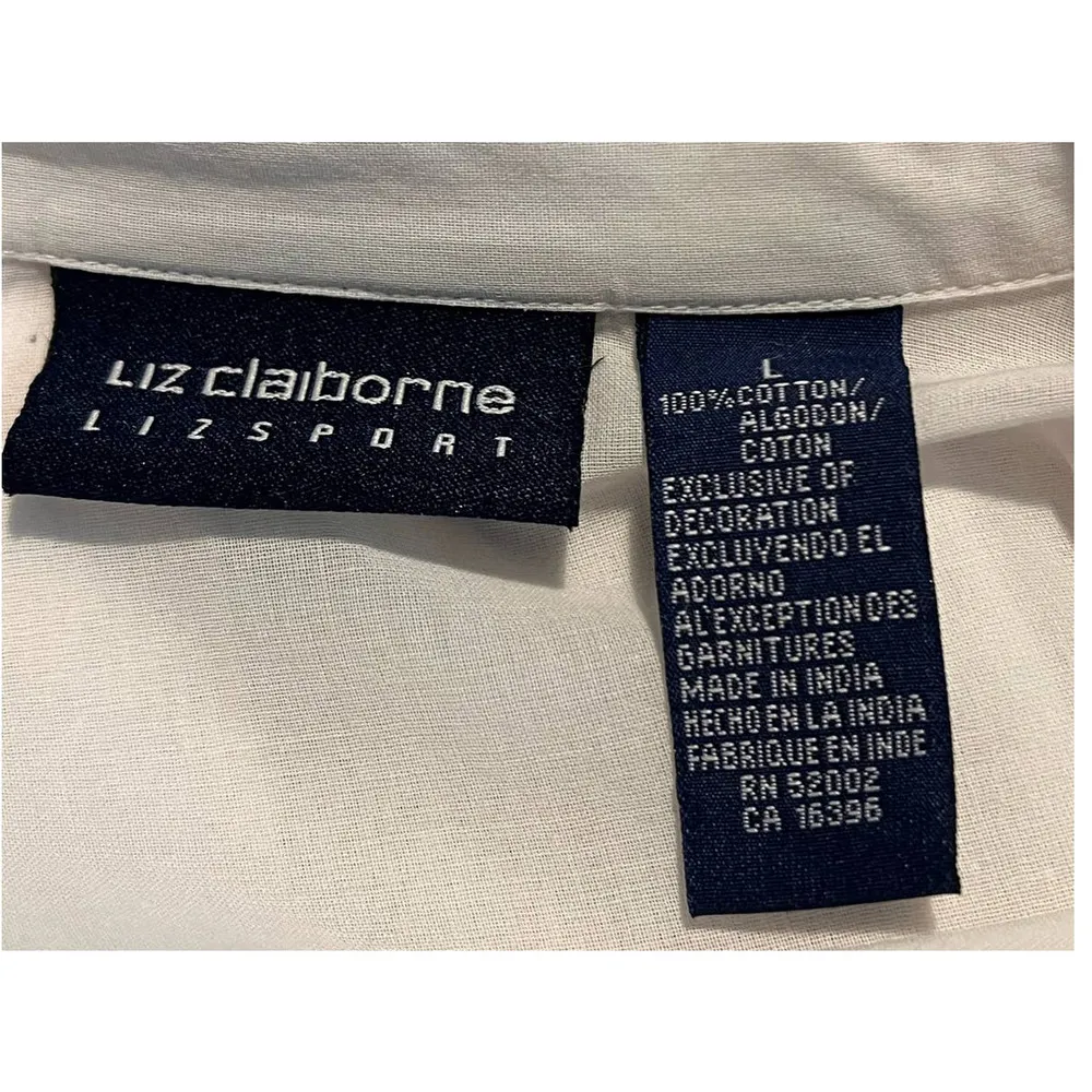 Liz Claiborne Liz Sport White Button Front Light Weight Floral‎ Blouse Size L - Image 3