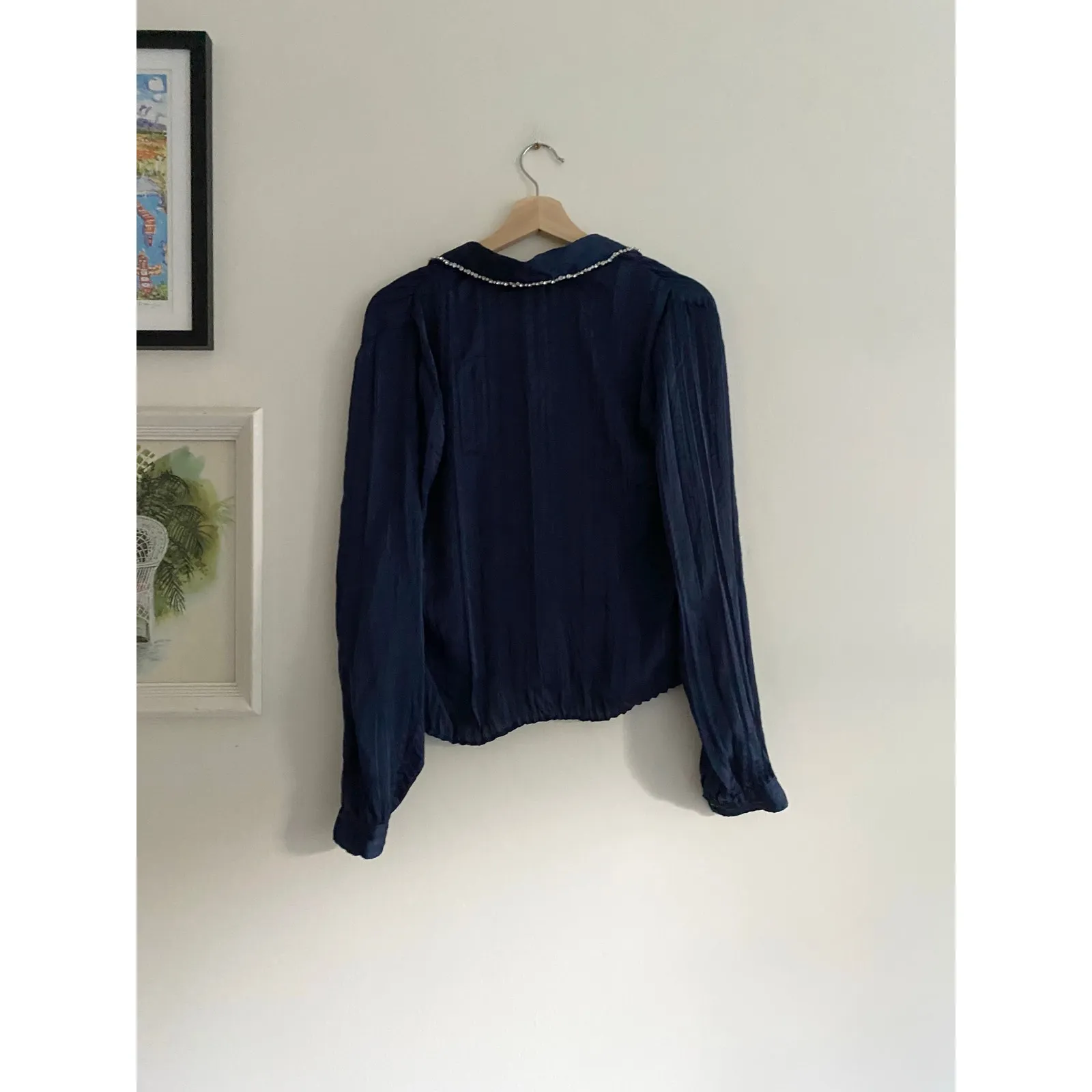 J. CREW NWT Crystal Embellished Navy Blue Shirt in Crinkle Satin Size Small - Image 6