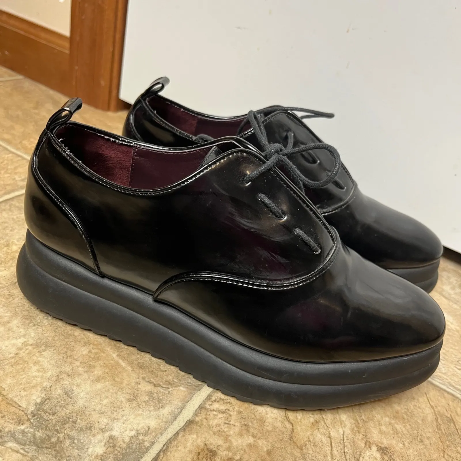 ZARA TRF Black Patent Platform Oxford Shoes Women Size 38 Chunky Sole Derby - Image 2