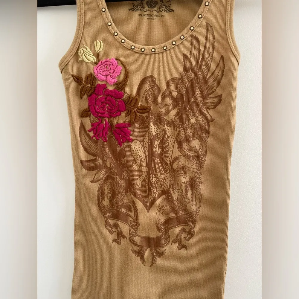 Bejeweled Tan Y2K Bohemian Embroidered Floral Rhinestone Tank Top Size Small - Image 2