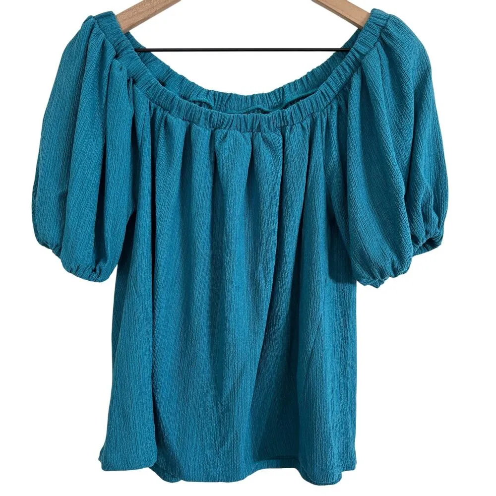 Anthropologie Elodie Off Shoulder Puff Sleeve Top Turquoise Blue Size Small - Image 3