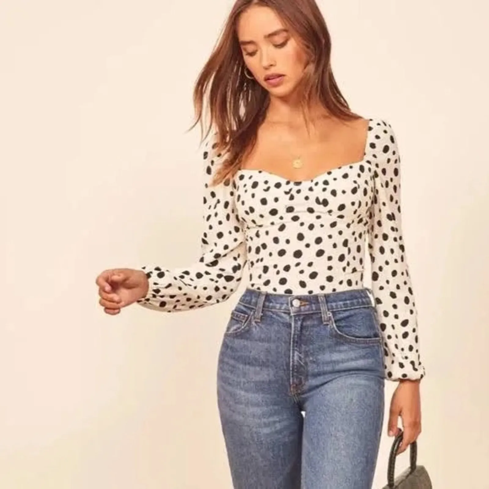 Reformation Reign satin long sleeve cropped blouse in ink blot NEW 0 - Image 2