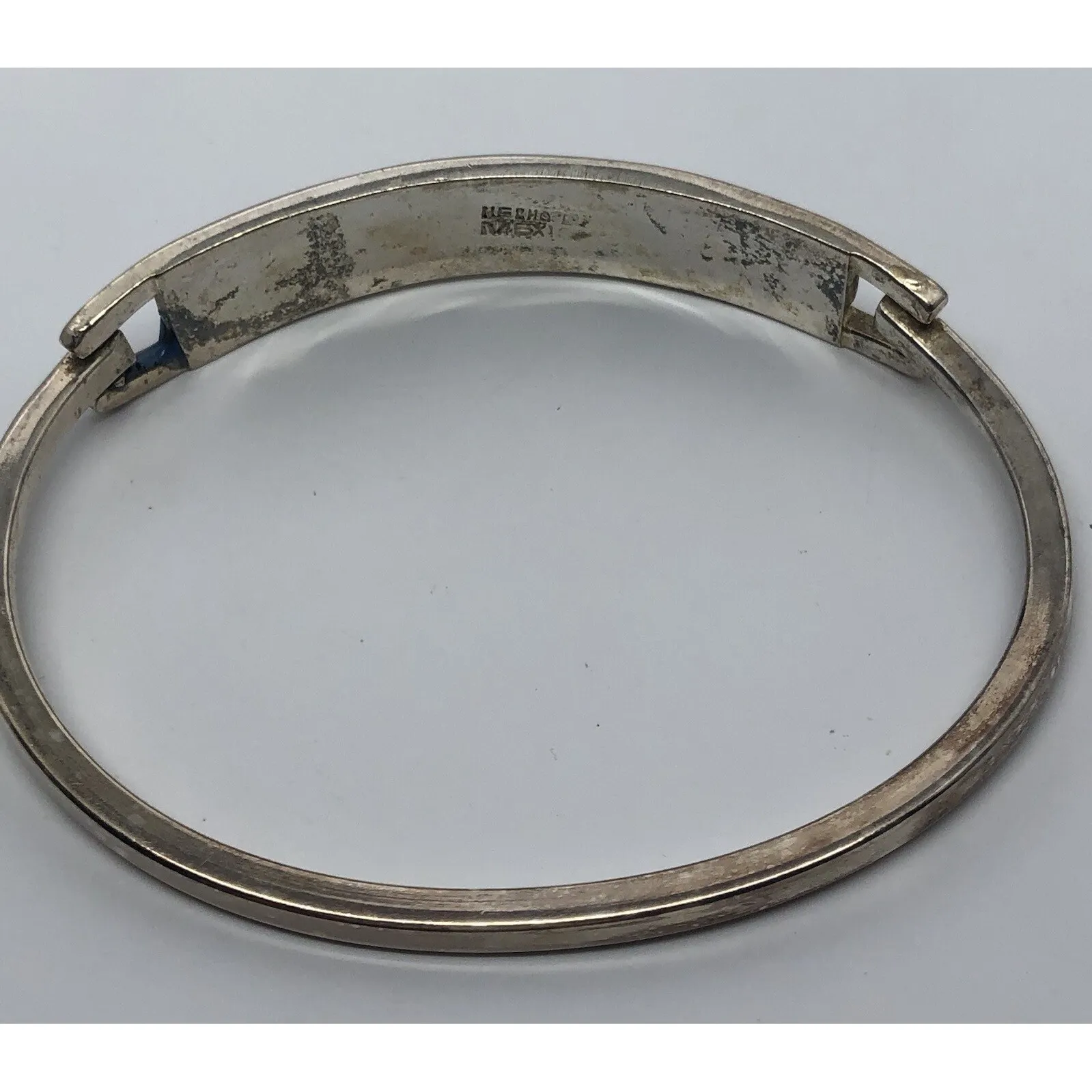 Vintage Mexican Silver Bangle Bracelet .925 Hinged‎ Blue Red Inlaid Solid 6.25" - Image 5