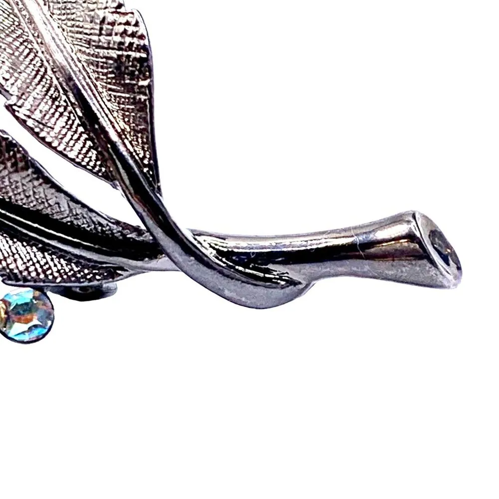 Vintage Alfred Sung Gray Tone Floral Brooch With Aurora Borealis Rhinestones - Image 4