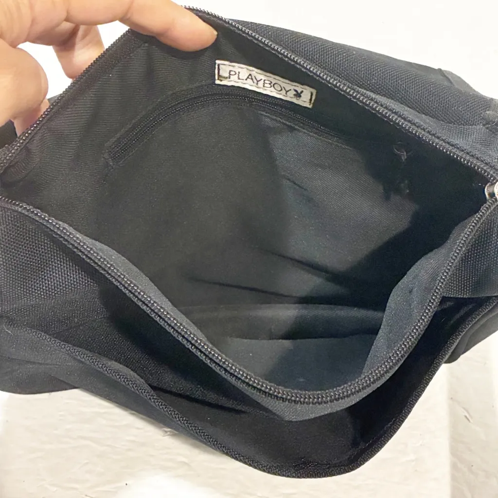 Playboy‎ Vintage y2K Black Canvas Blue Bunny Crossbody Messenger Bag - Image 4