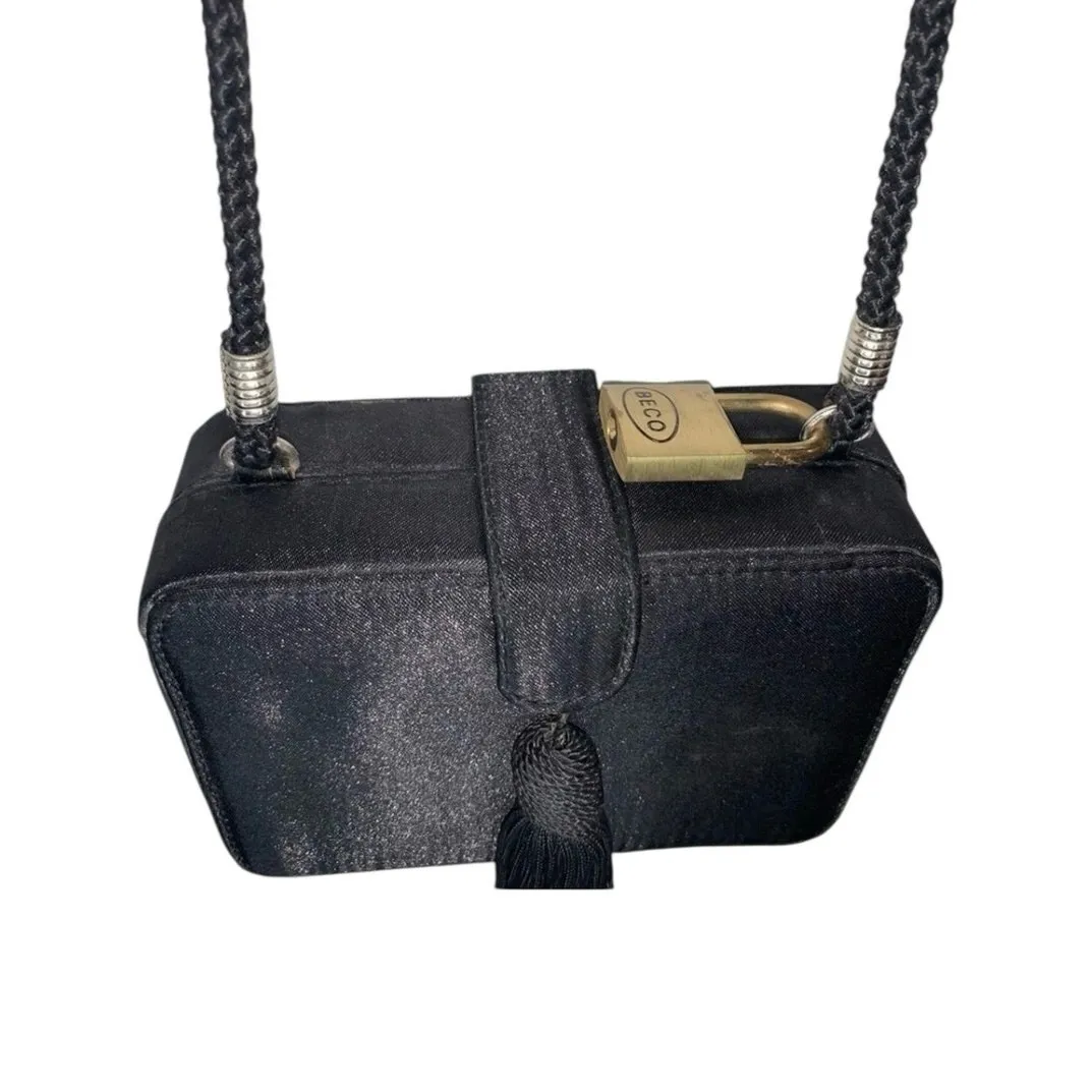 Jessica McClintock Black Satin Box Clutch Purse Tassel & Rope Strap Evening Bag - Image 5