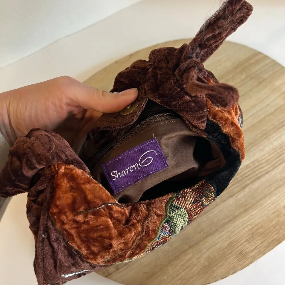 Y2K Whimsical Velvet Brown Patchwork Sequin Mini Top Handle Shoulder Bag - Image 8