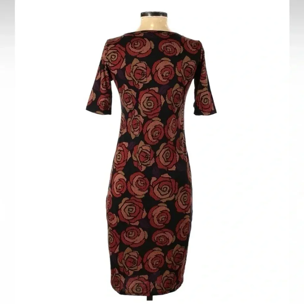LuLaRoe Julia Fitted Sheath Dress Black Digital Roses Floral Print Size XS - Image 2