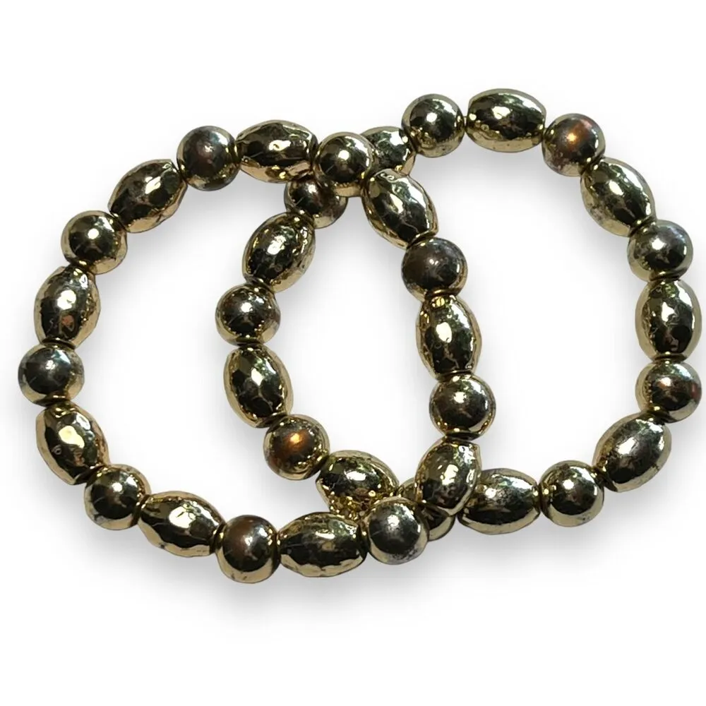 Womens Set of 2 Matching Metallic Beaded Stretch Bracelets Gold Tone - Image 3