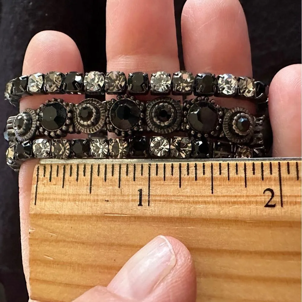 Three Black Stone Retro Intricate Detailing Beaded Stretchy Metal Bracelets - Image 3