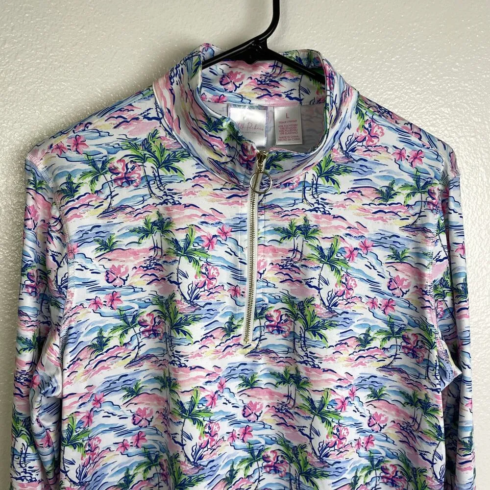 Stella Parker Pink Top Large Long Sleeve 1/4 Zip Floral UPF Golf Hiking Stretch Blue - Image 4