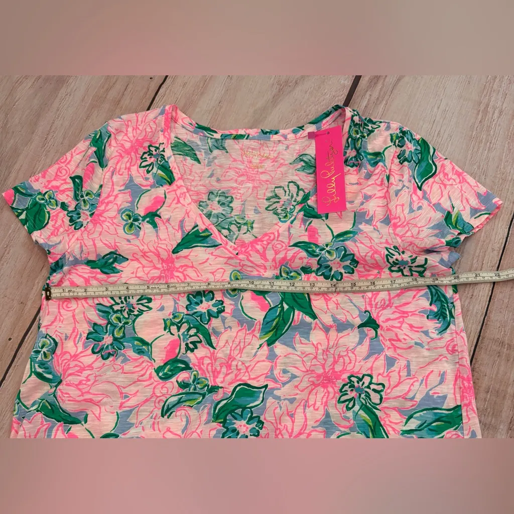LILLY PULITZER Pink Blossom Try Your Zest V-Scoop Neck Cap Sleeve Top Large NWT - Image 2
