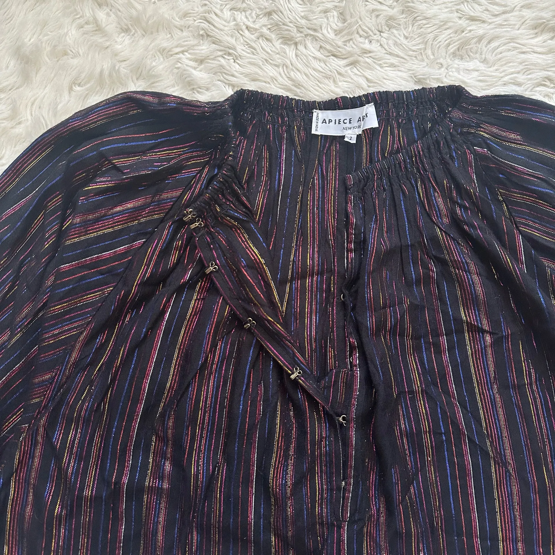 Apiece Apart Top Isla Blouse Multi Stripe Metallic Peasant Sleeves Black 2 - Image 6