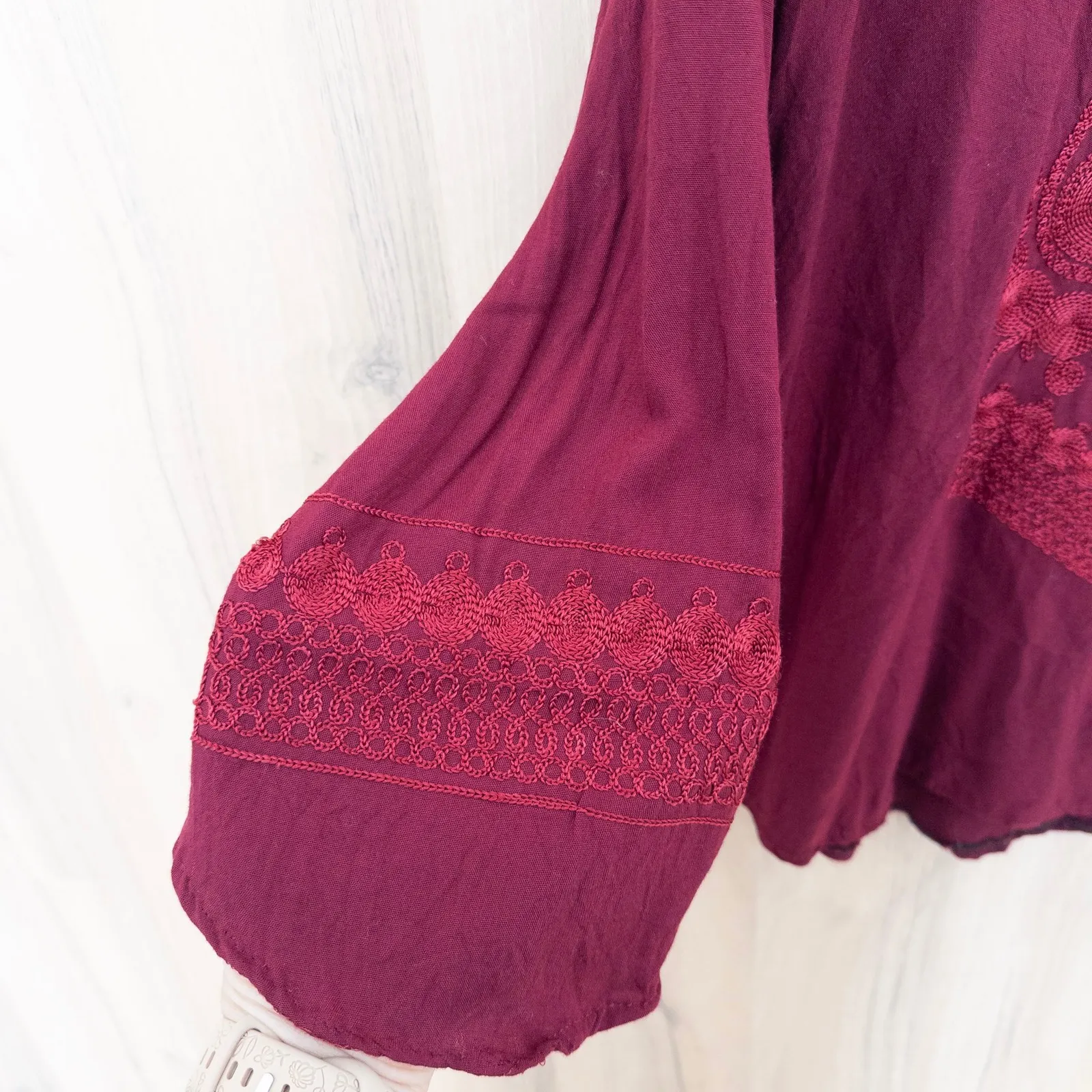 Womens Embroidered Boho Blouse Size M/L Burgundy Long Sleeve Flowy Festival Red Size M - Image 7