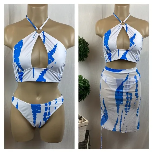 Blue & White 3 Piece SET Floral Print Bikini & Coverup Skirt S/M NEW Size undefined - Image 2