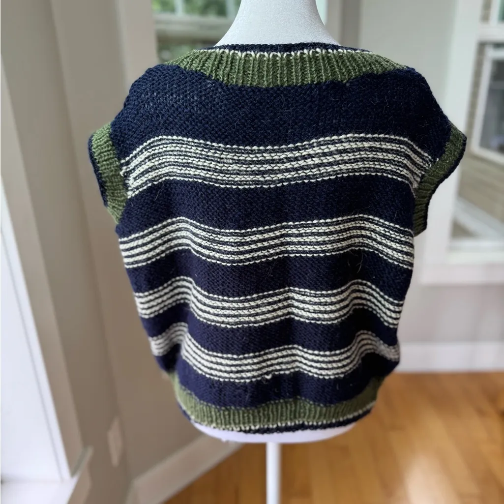 Vintage Handmade Navy Blue Olive Green White Stripe Sweater Vest Size Medium - Image 8