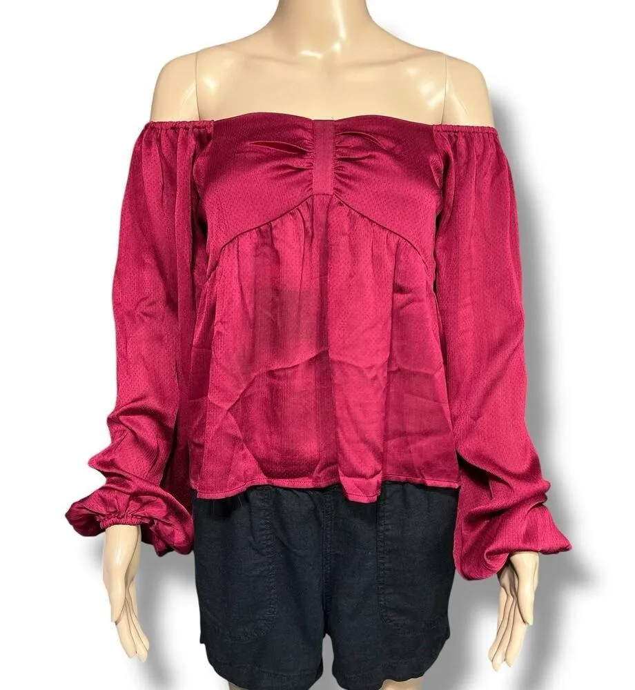 Davi & Dani Womens Satin Blouse Shirt Top Smocked Square Neck Balloon Sleeve Red - Image 7