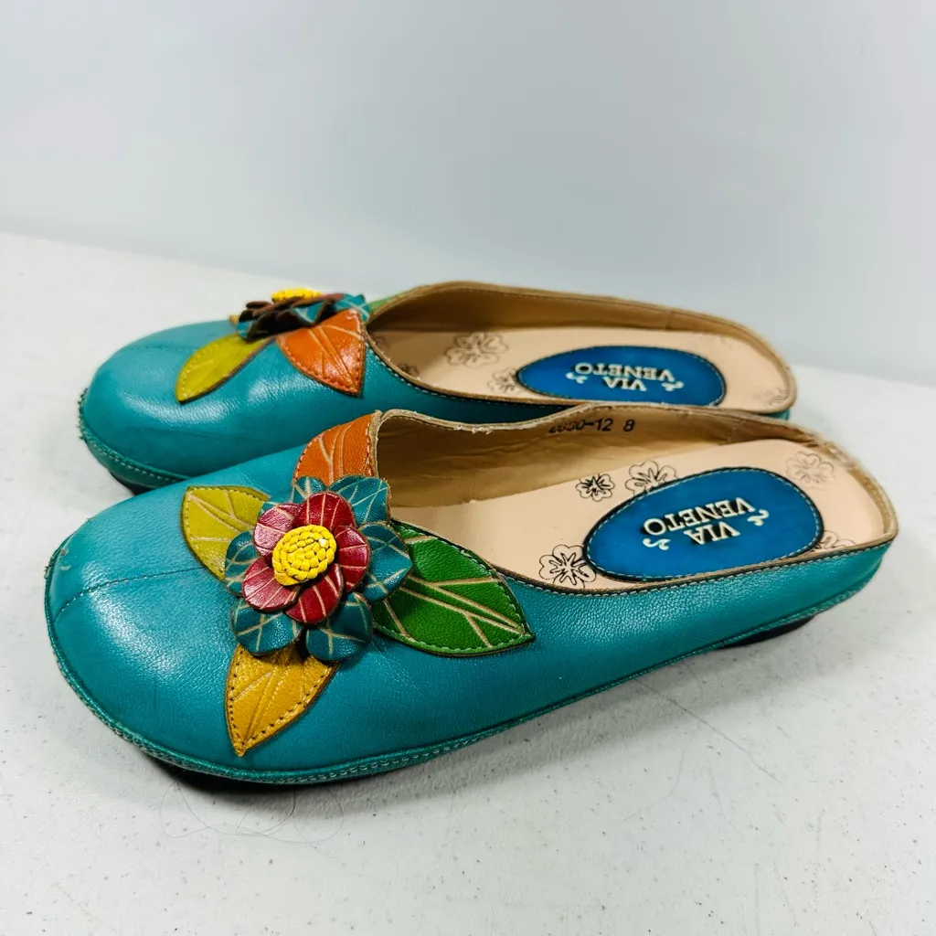 Via Veneto teal leather mules with a decorative flower size 8 Blue - Image 4