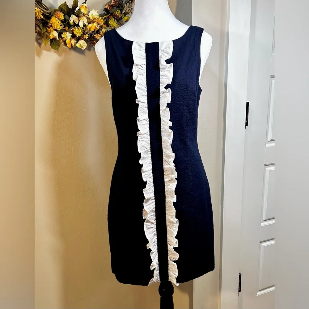 LAUREN JAMES Bailey Ruffle-Trimmed Seersucker Shift  Dress in Navy Coastal Sz S - Image 11